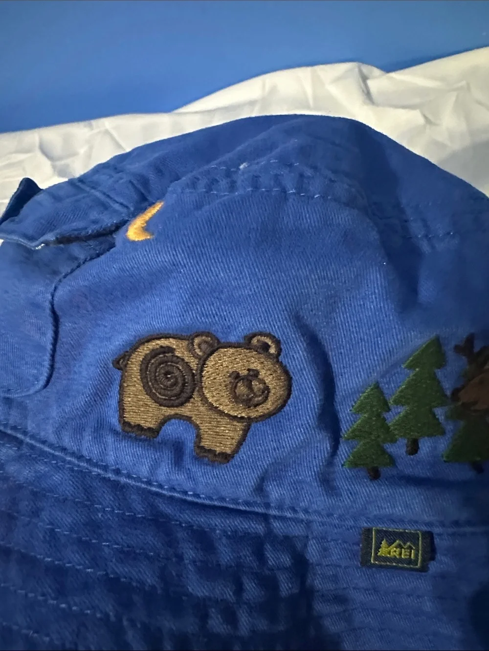 REI Kids' Royal Blue Bucket Hat with Forest Embroidery